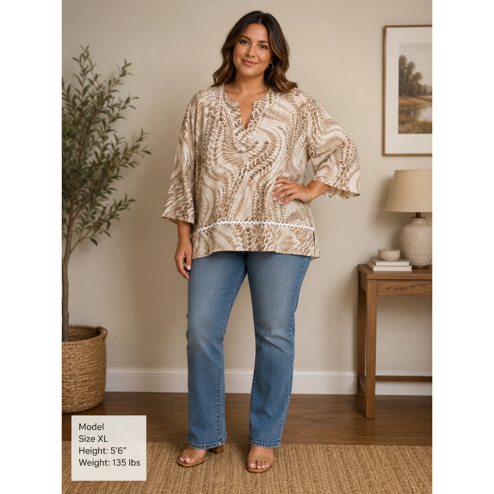 Ruby Rd Linen Tie Dye Blouse Women XL Tan Animal Print Ric Rac Trim Boho Resort